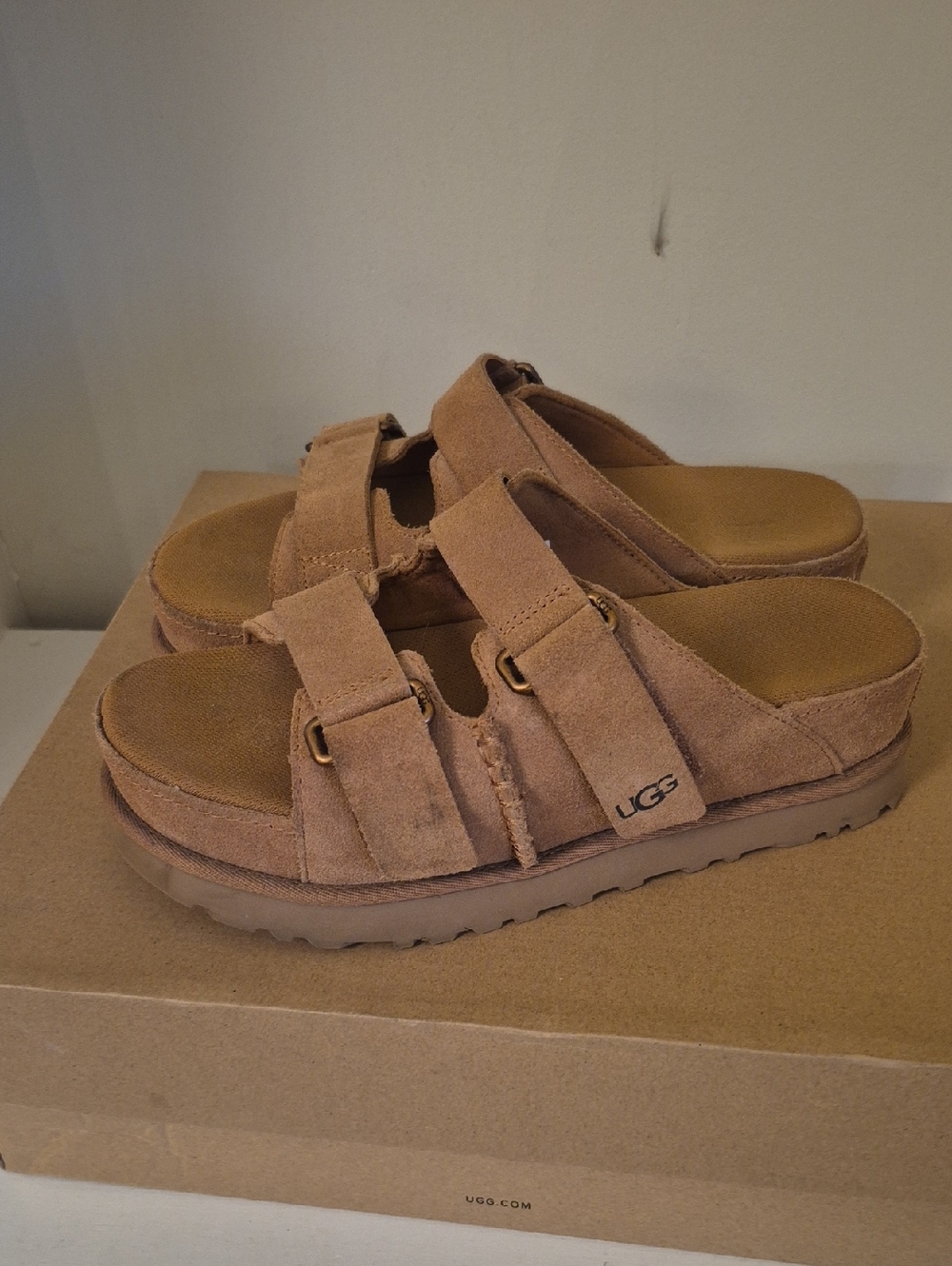 UGG Chestnut Suede Double Buckle Slide Sandals